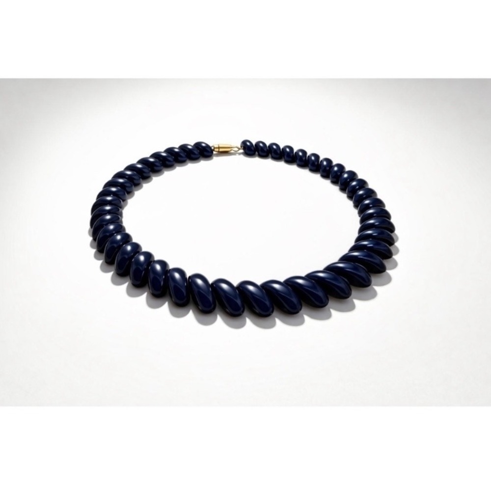 Napier Navy Blue Twisted Bead Necklace Vintage Gold Clasp Retro Minimalist 90s